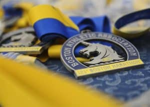 Closeup of a Boston Marathon finisher medal