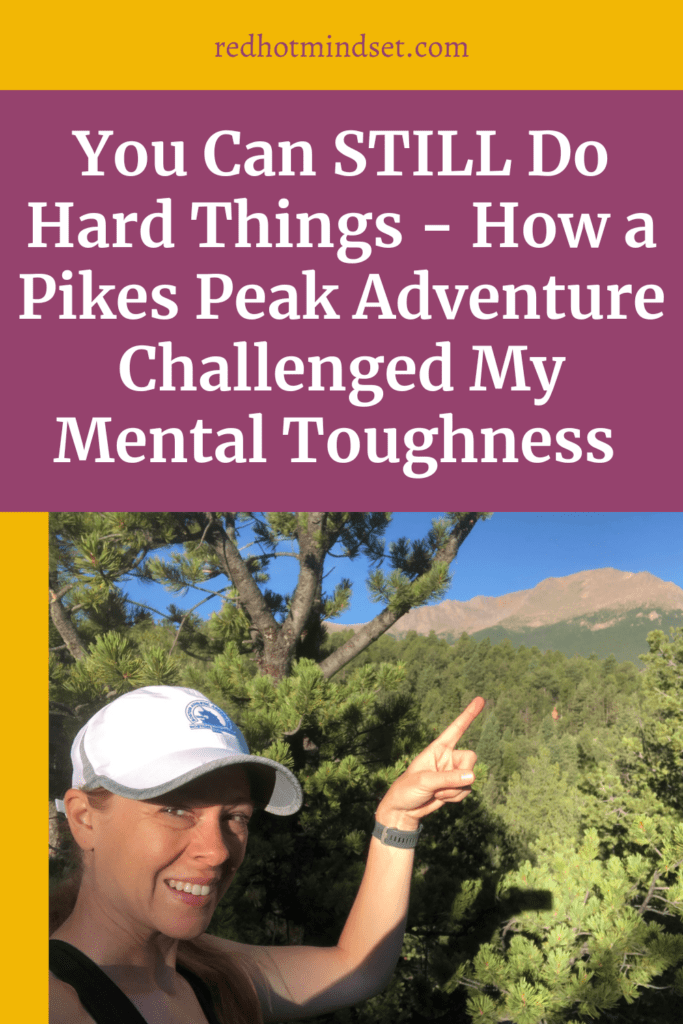 Picture of woman with white hat on out in nature pointing up at Pikes Peak, a mountain over 14,000 feet of elevation. Title reads 