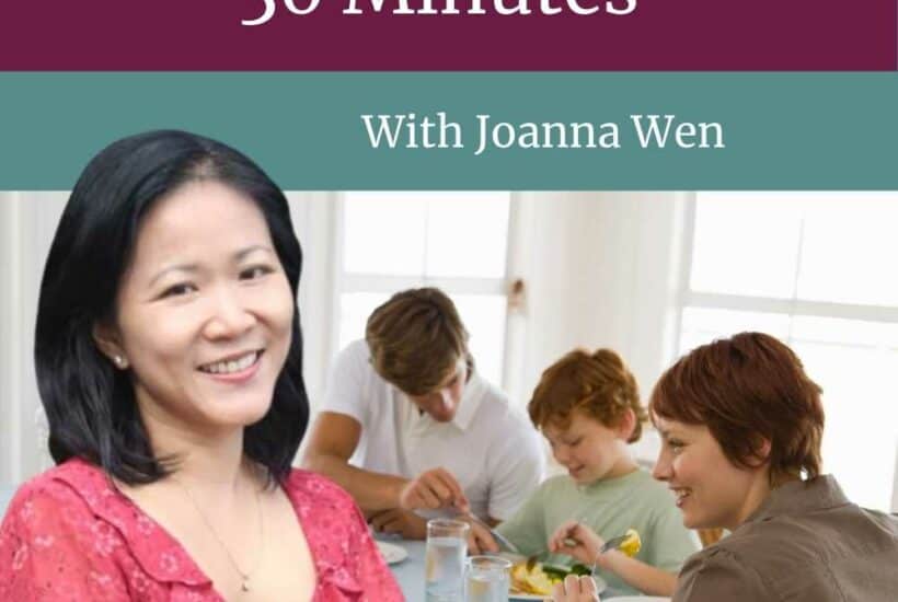 Pinterest image with headshot of woman with medium black hair smiling and crossing her arms over her pink floral blouse standing in front of an image with a mom and her two boys eating dinner and titled 3 HUGE Time Savers to Get Healthy Slimming Meals on the Table in 30 Minutes