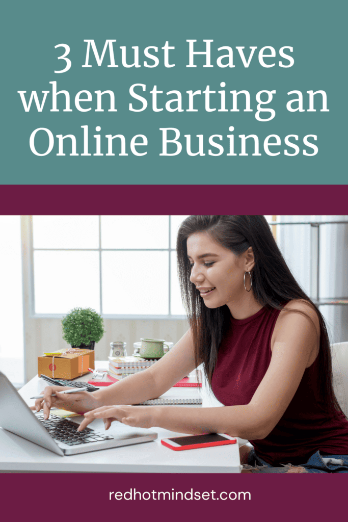 Pinterest cover with woman with long brown hair smiling and sitting at her computer working titled 3 must haves when starting an online business