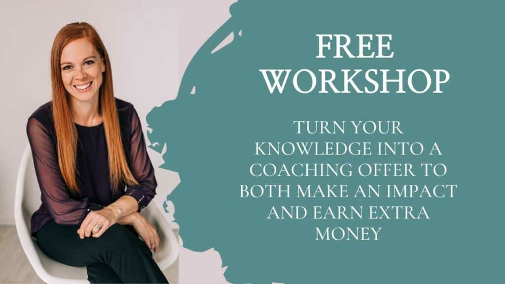 thumbnail for a free workshop called turn your knowledge into a coaching offer to make both an impact and earn extra money. There's a headshot of Gabe Cox sitting in a chair smiling
