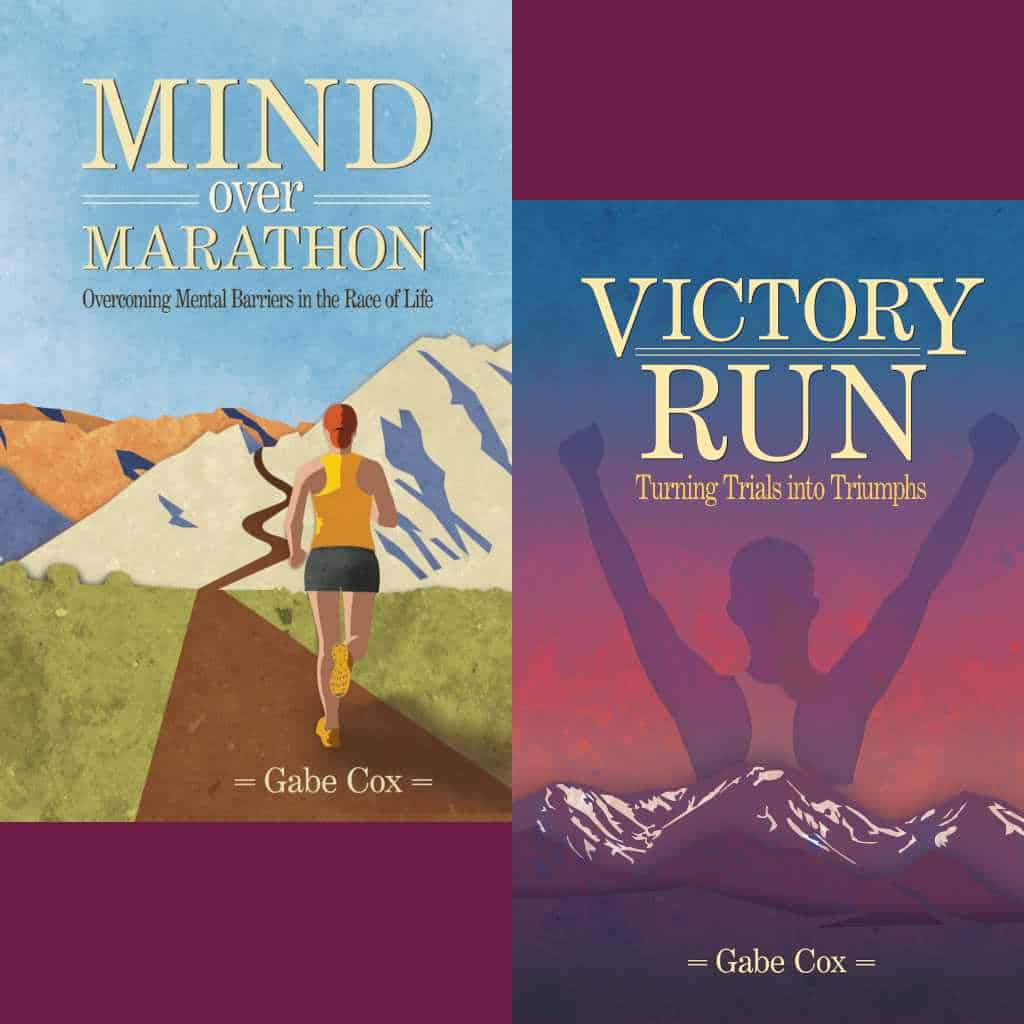 Graphic with two of Gabe Cox's book covers, Mind Over Marathon and Victory Run