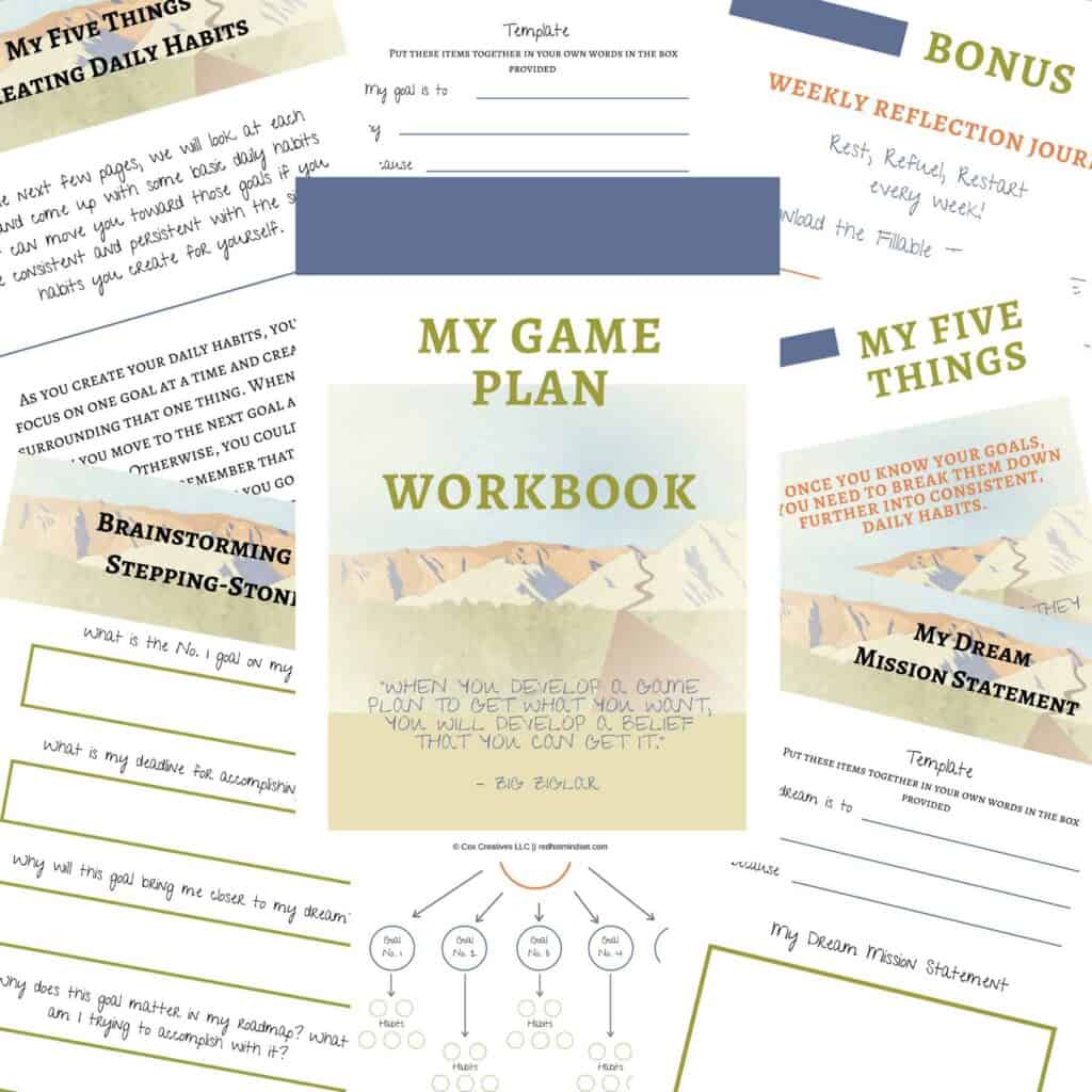 graphic of a bunch of different PDF resources to help you create a game plan for your goals in a stress-less way