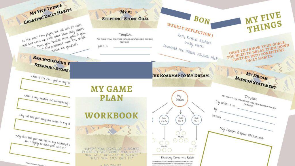 graphic of a bunch of PDF worksheets to help you create a game plan for your goals