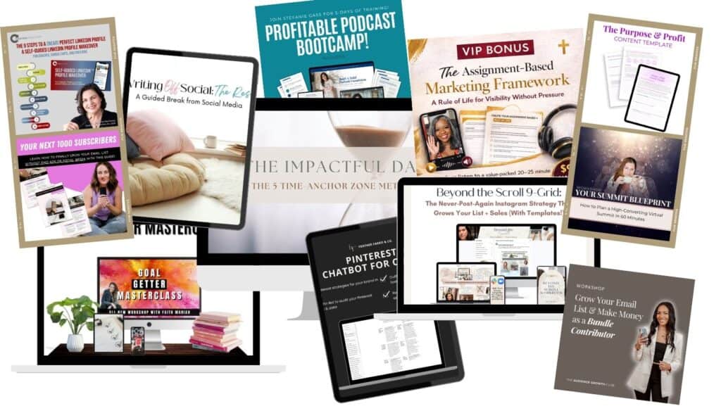 A collection of a dozen different programs, templates or resources from speakers at the Grow Your Biz without Social virtual event if you upgrade your ticket to VIP