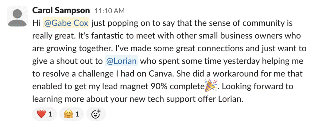 Screenshot testimonial from Carol for RHA Club