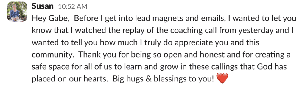 screenshot testimonial for RHA Club from Susan