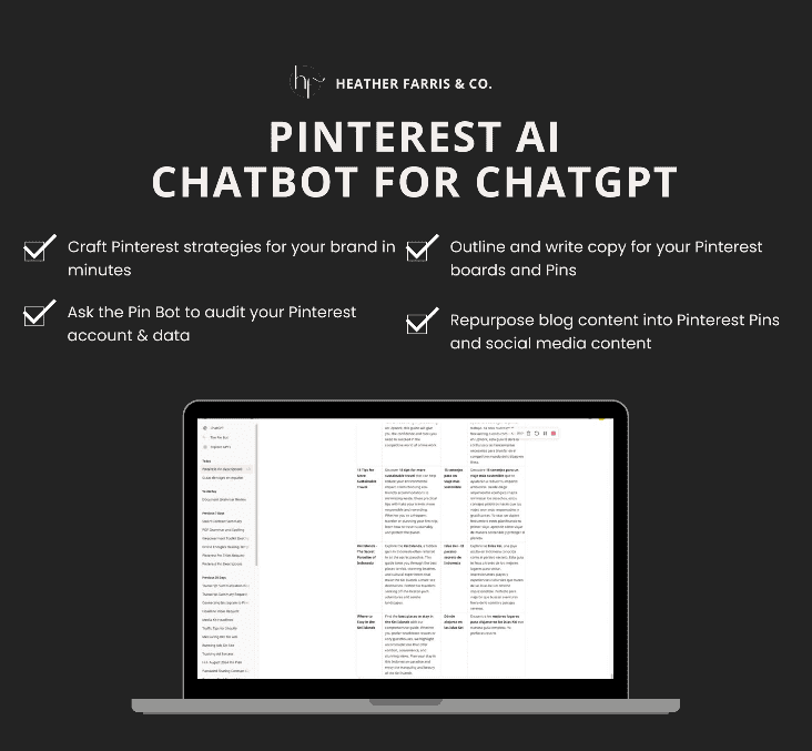 Cover graphic for a VIP bonus offer from Heather Farris for her Pinterest AI Chatbot for ChatGPT