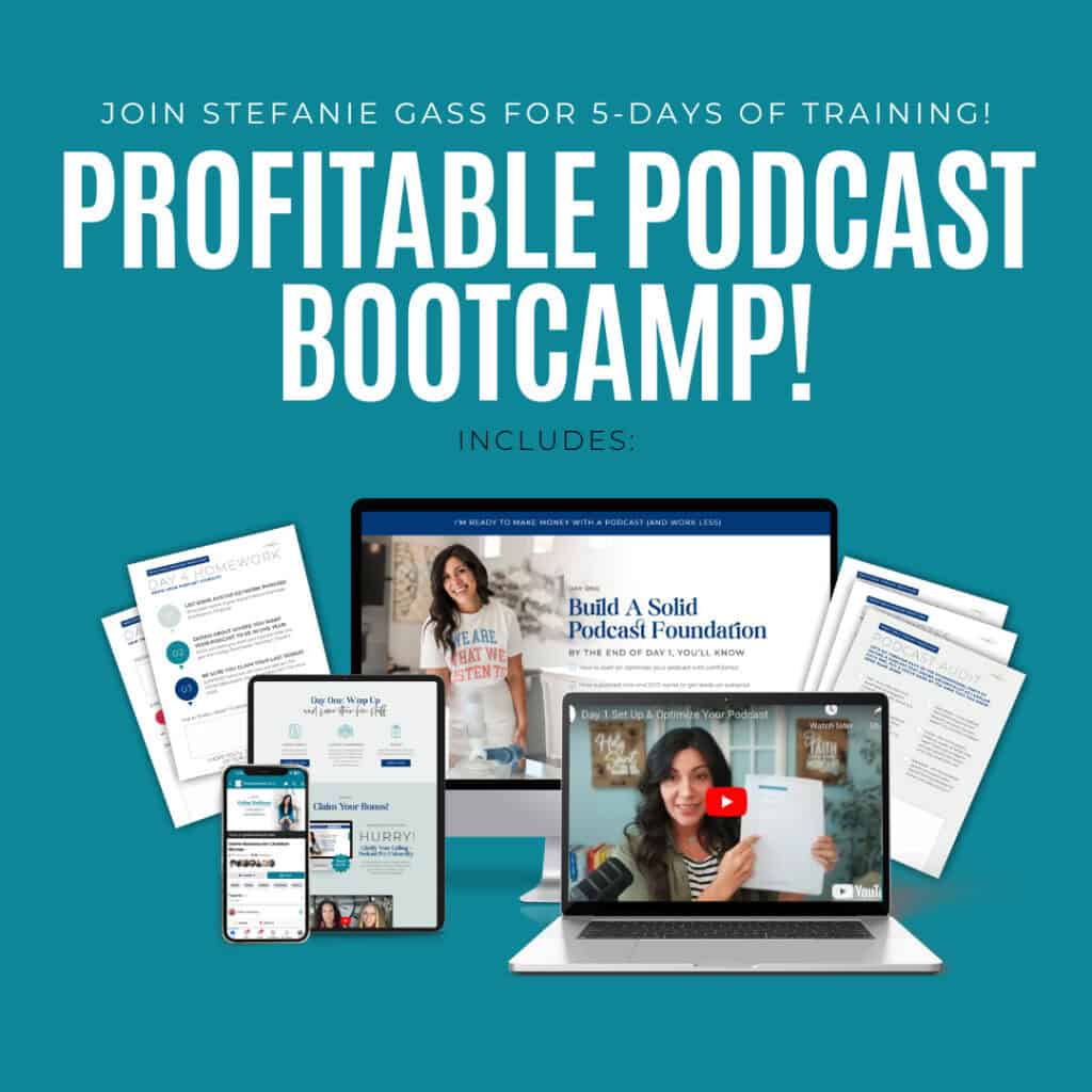 Cover graphic for a VIP bonus offer from Stefanie Gass for her Profitable Podcast Bootcamp