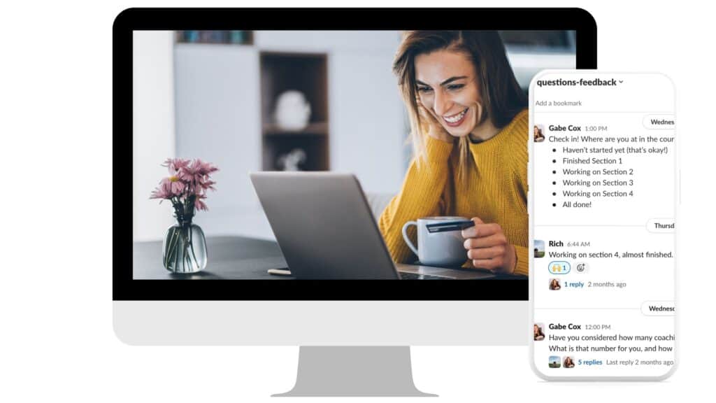 Graphic of a computer with a woman on the screen looking at her laptop and drinking a cup of coffee