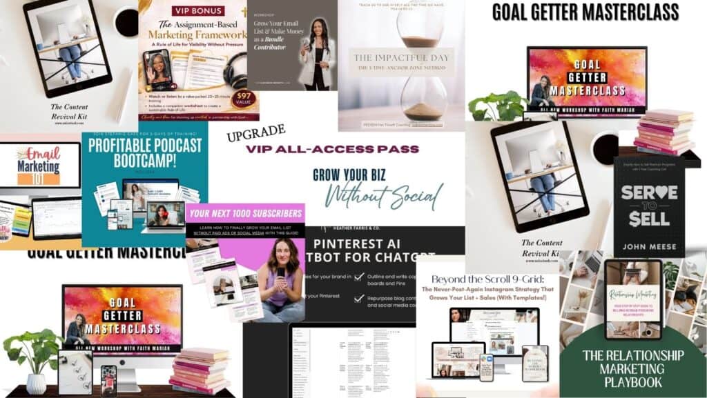 A collection of a dozen different programs, templates or resources from speakers at the Grow Your Biz without Social virtual event if you upgrade your ticket to VIP