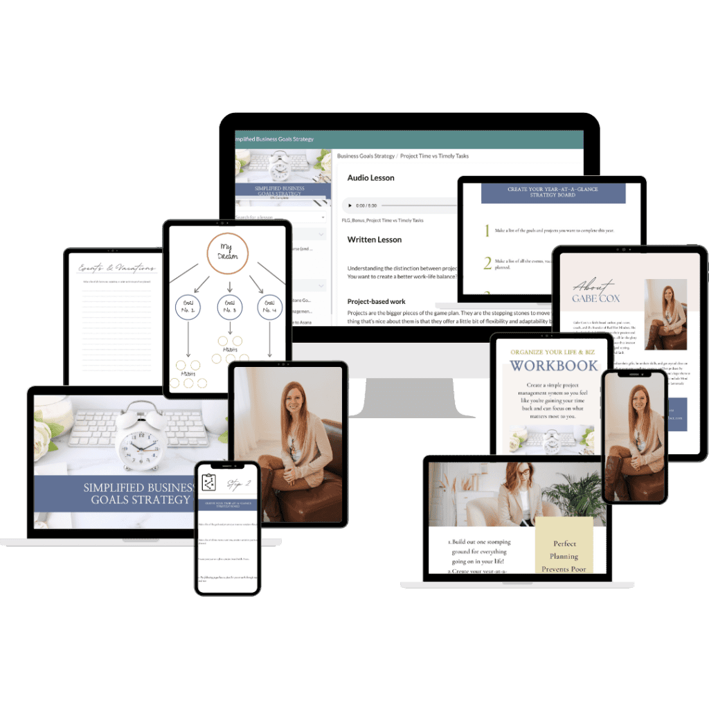 Mock up of all the different aspects of items included in the Simplified Business Strategy course