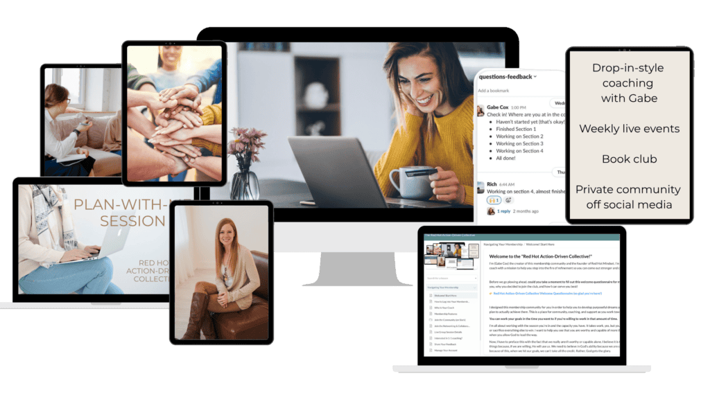 A mock-up of The Action-Driven Collective sharing different aspects of the membership, from 1-1 drop-in coaching to live events to connection and community to the book club