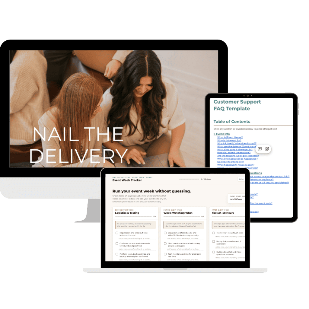Nail the Delivery workshop mockup graphic, the workshop helps someone to be ready for event week when running her own virtual event