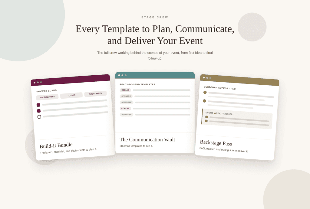 Stage Crew template bundle mockup graphic - the templates to help you plan, set up, and deliver your first virtual event