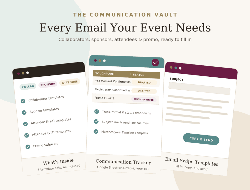 The Communication Vault template mockup graphic - the templates to help you set up your first virtual event